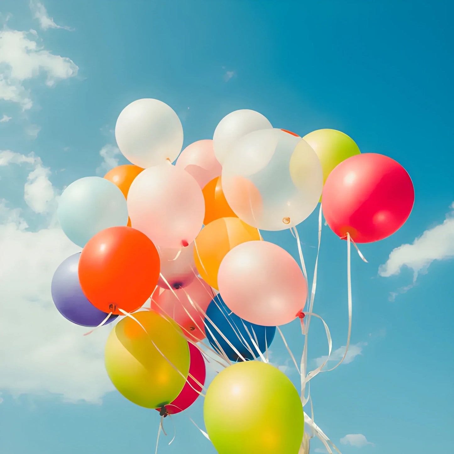 Multicolor latex party balloons with tied strings, including red, orange, green, and white