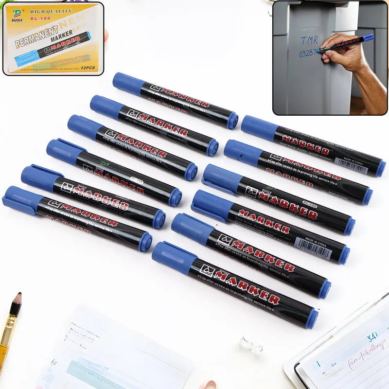Permanent marker pen set with 12 blue-tip markers, black barrels with red text