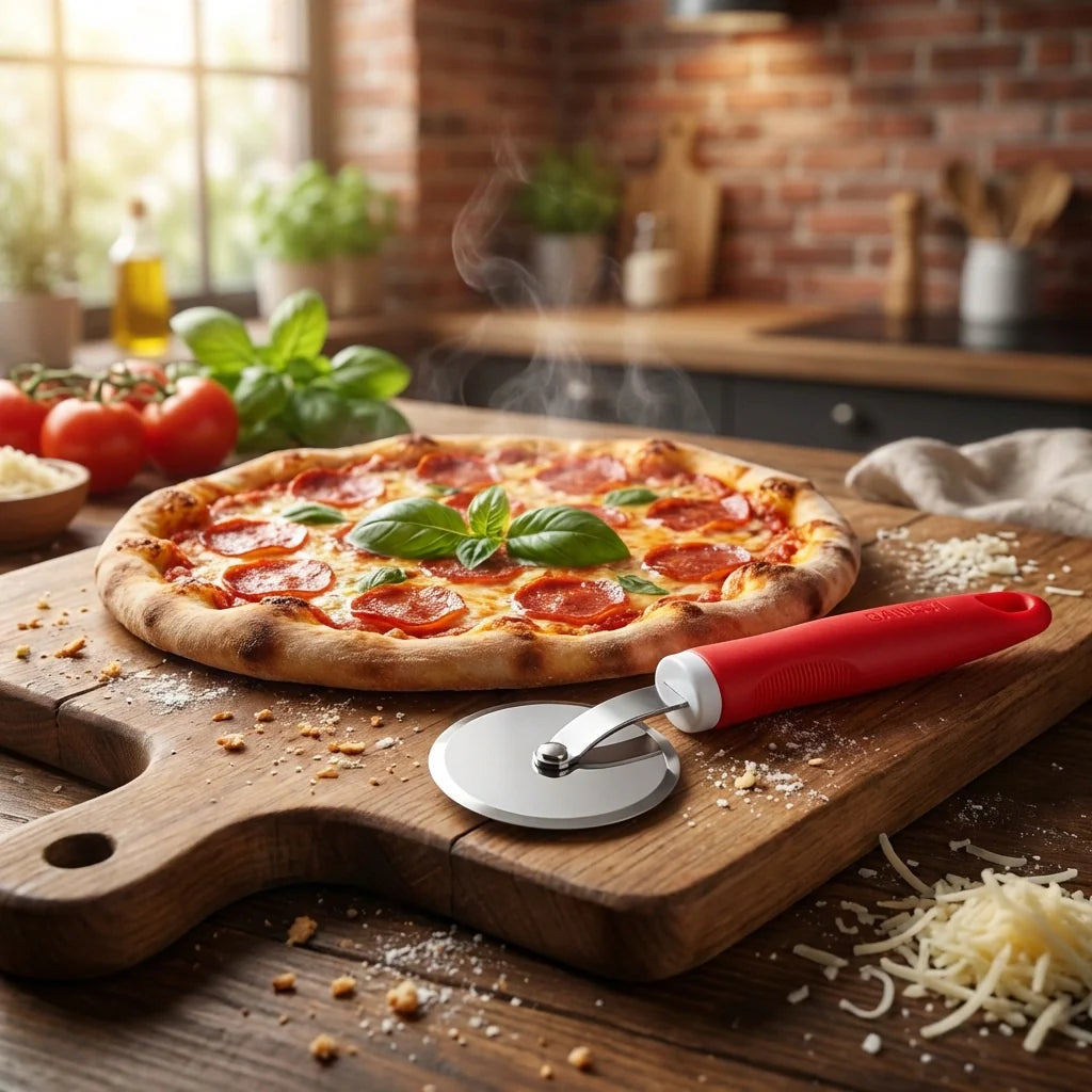 Red-handled pizza cutter with round wheel on wooden board