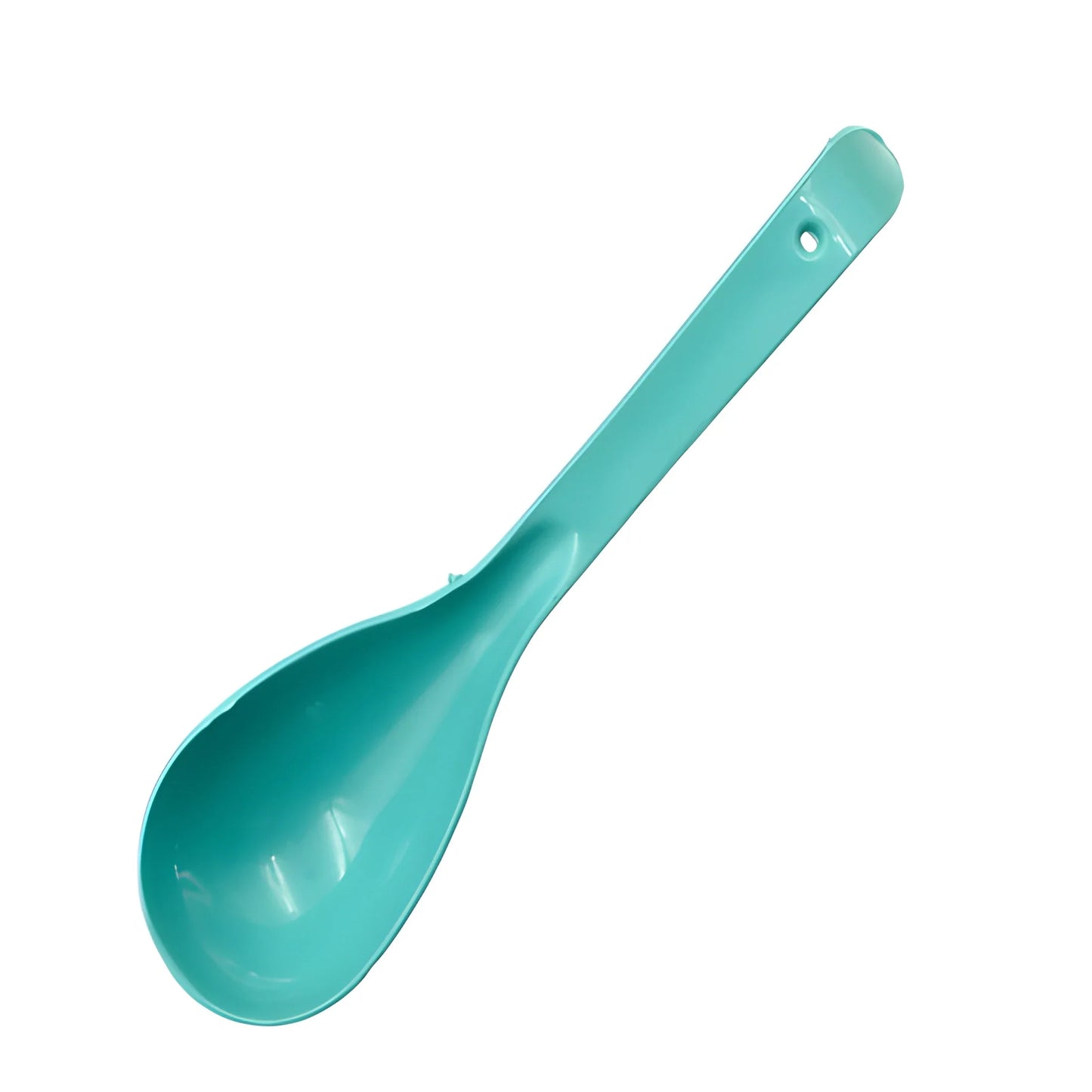 Teal plastic serving spoon with oval bowl and hanging hole