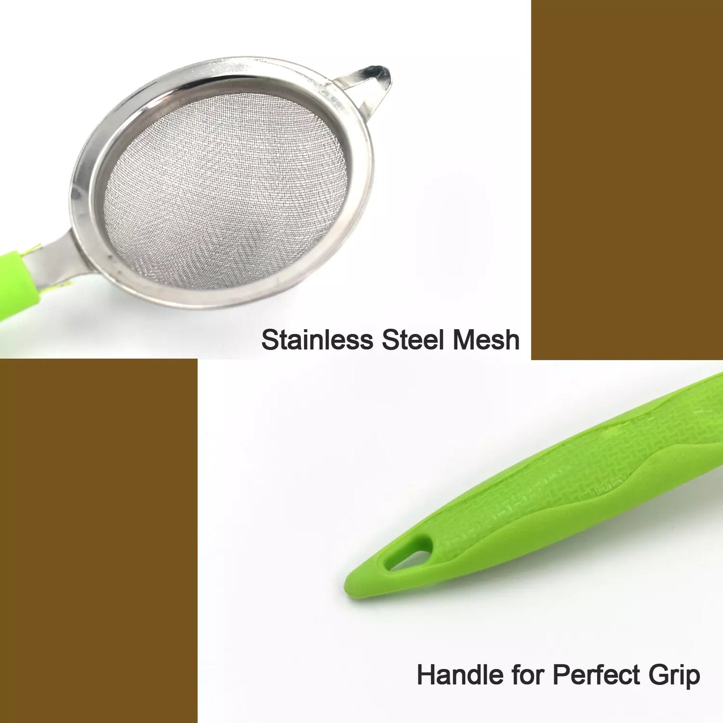 Round stainless steel tea and coffee strainer with green handle, fine mesh bowl