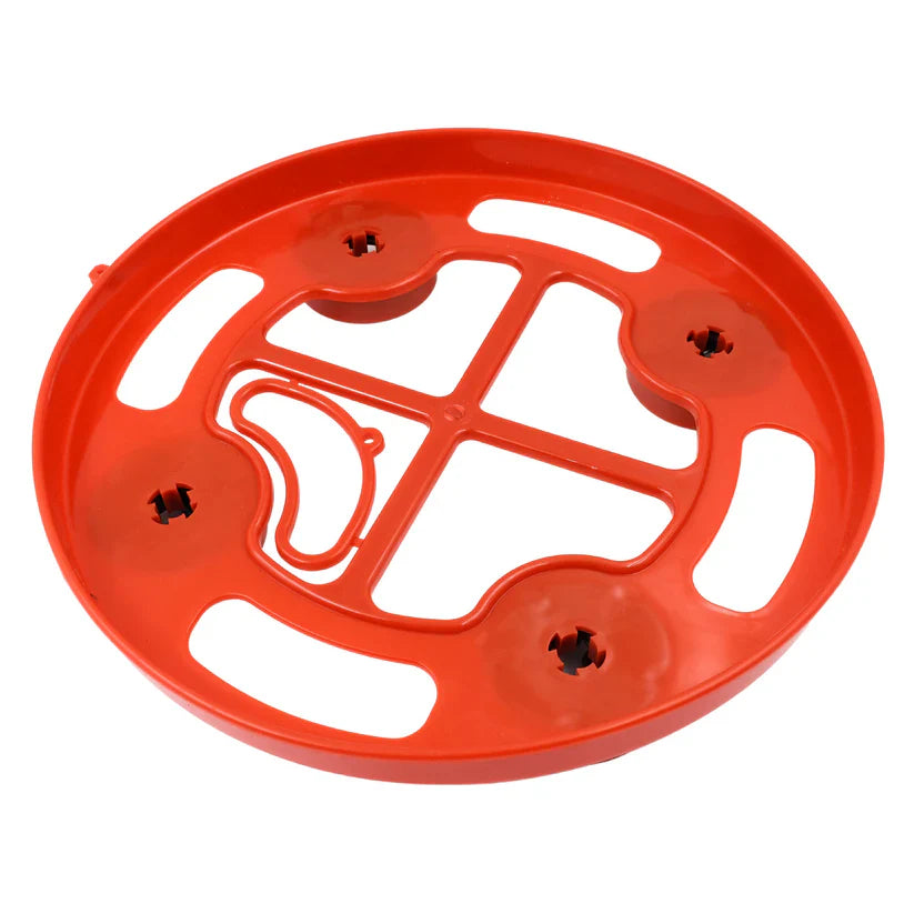 Red trolley wheel with spokes and central hub screws