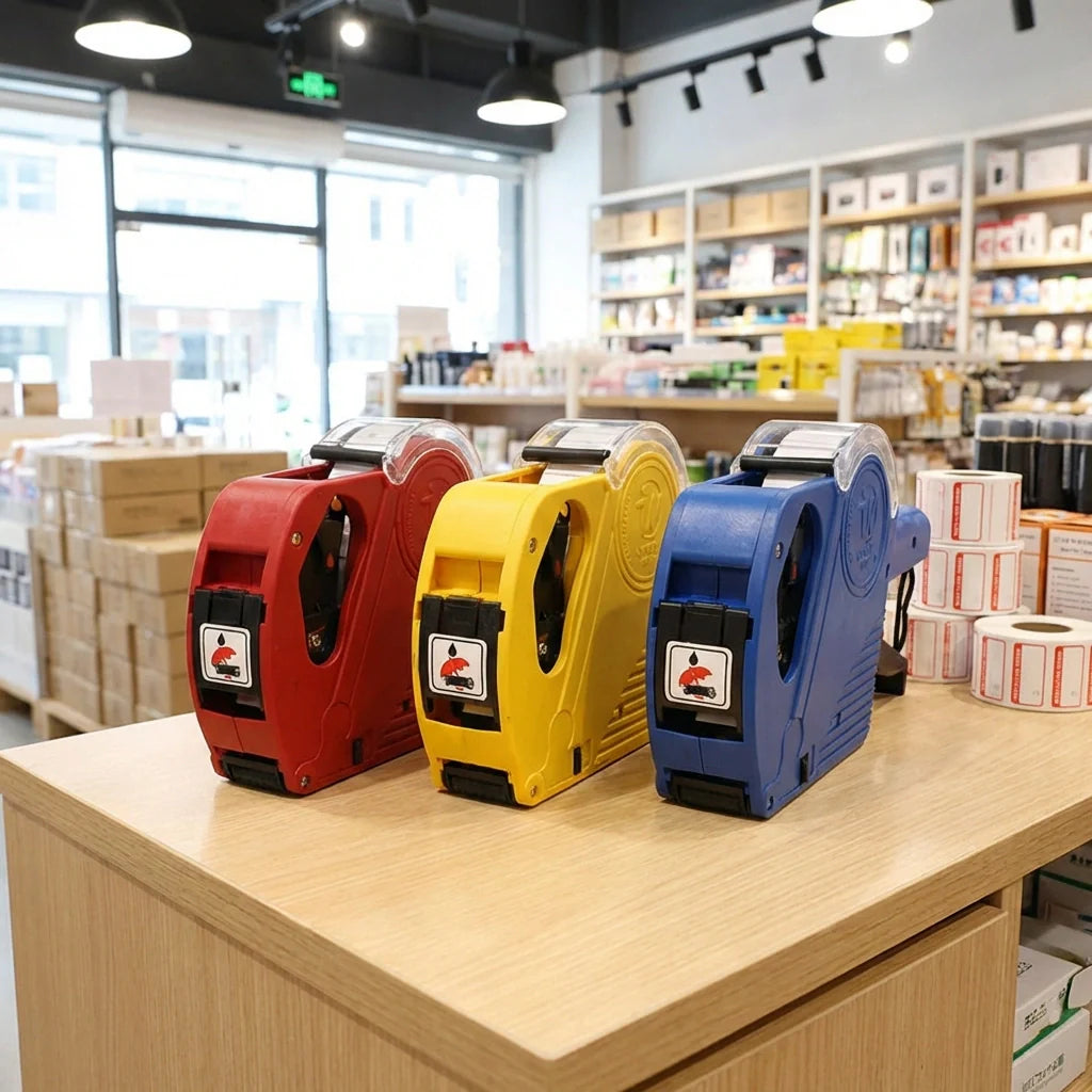 Price label gun set with red, yellow, and blue label dispensers