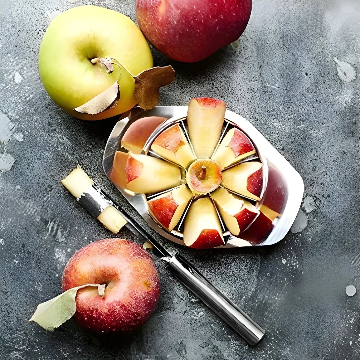 Apple slicer with blade, holding apple slices in a circular ring
