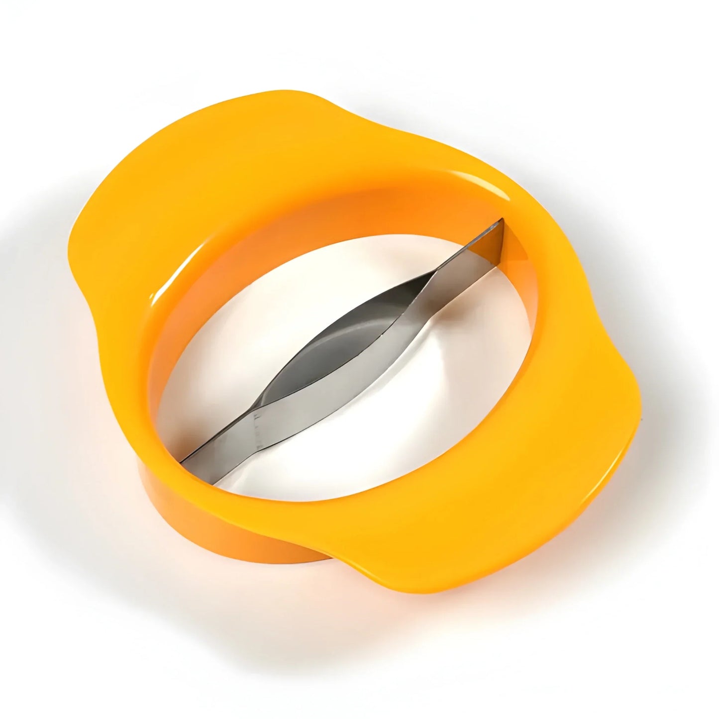 Yellow mango prep tool with stainless steel blades, oval loop handle