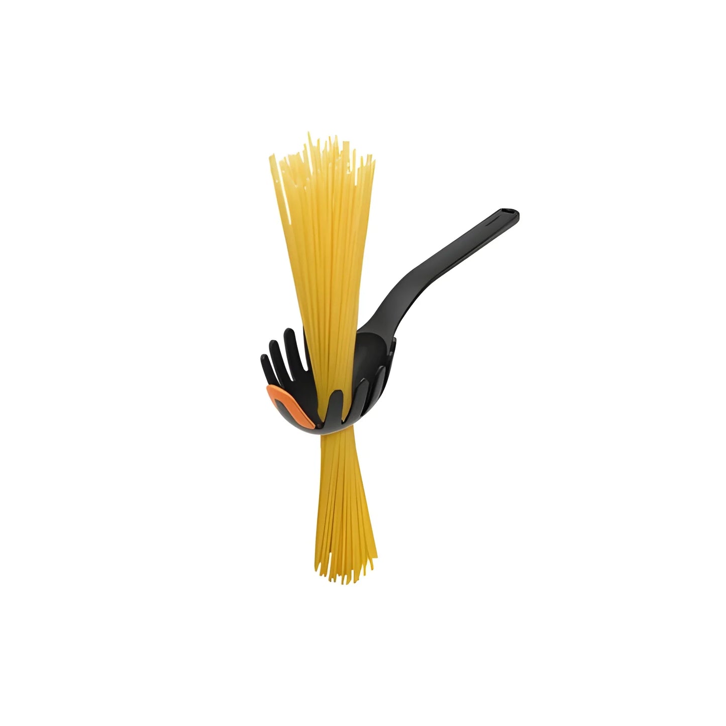 Multi-spoon pasta holder with black handle holding yellow spaghetti