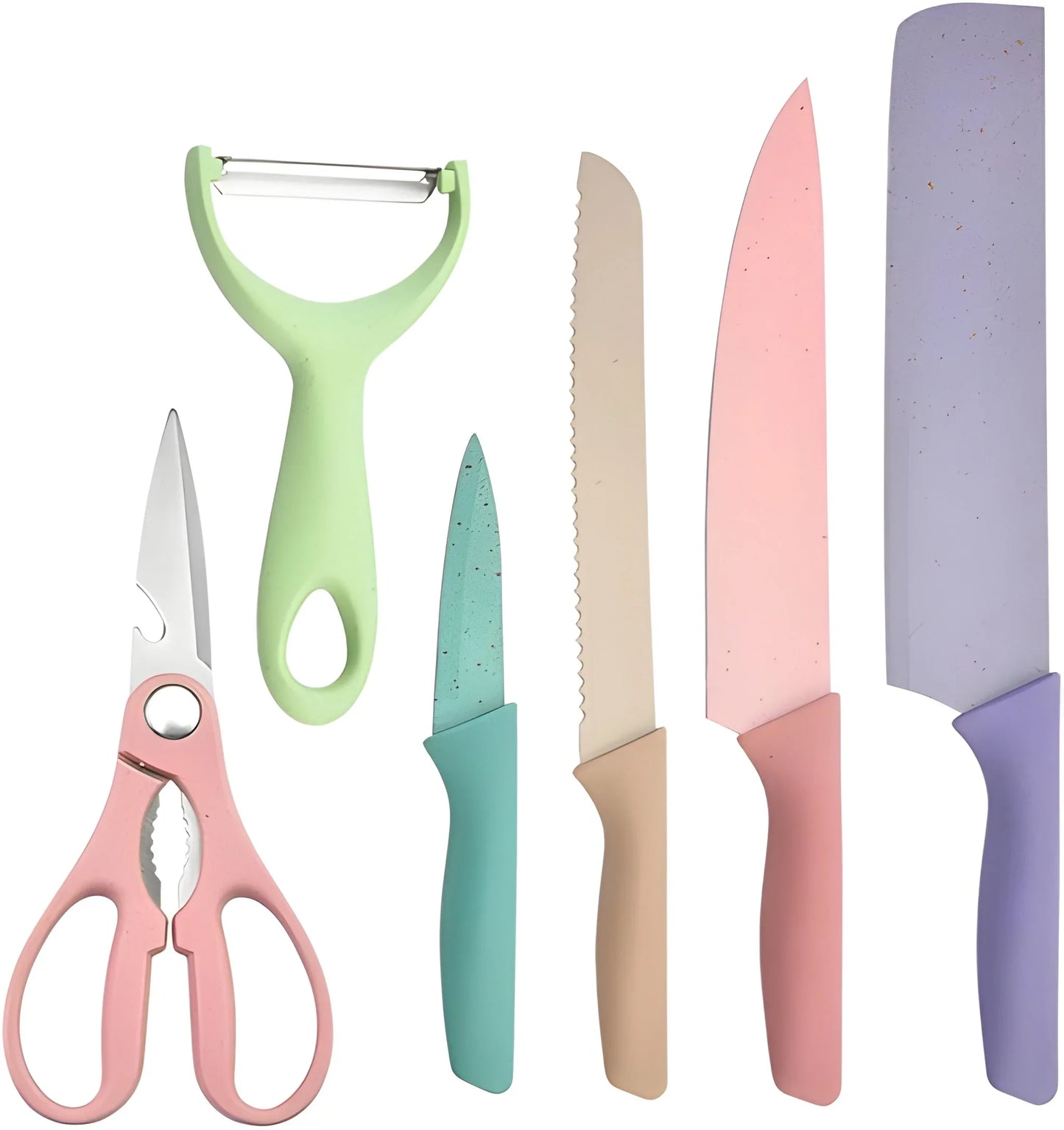 Colorful kitchen knives set with pastel blades and handles, including serrated knife