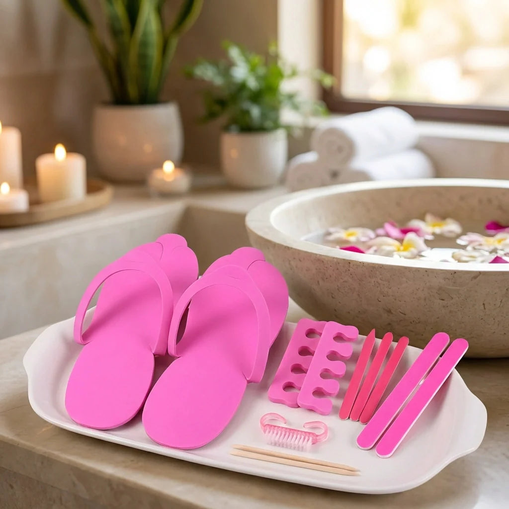 Professional home pedicure kit tray with pink flip-flops, toe separators, and nail tools