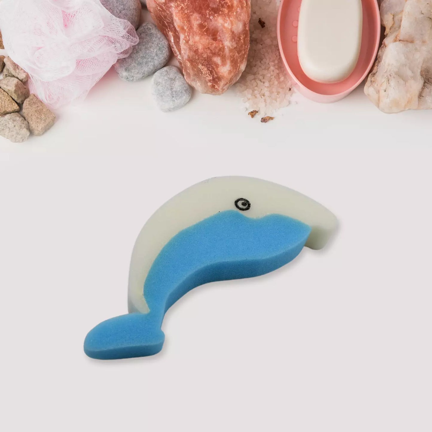 Kitchen sponge with blue foam pad and rounded curved shape