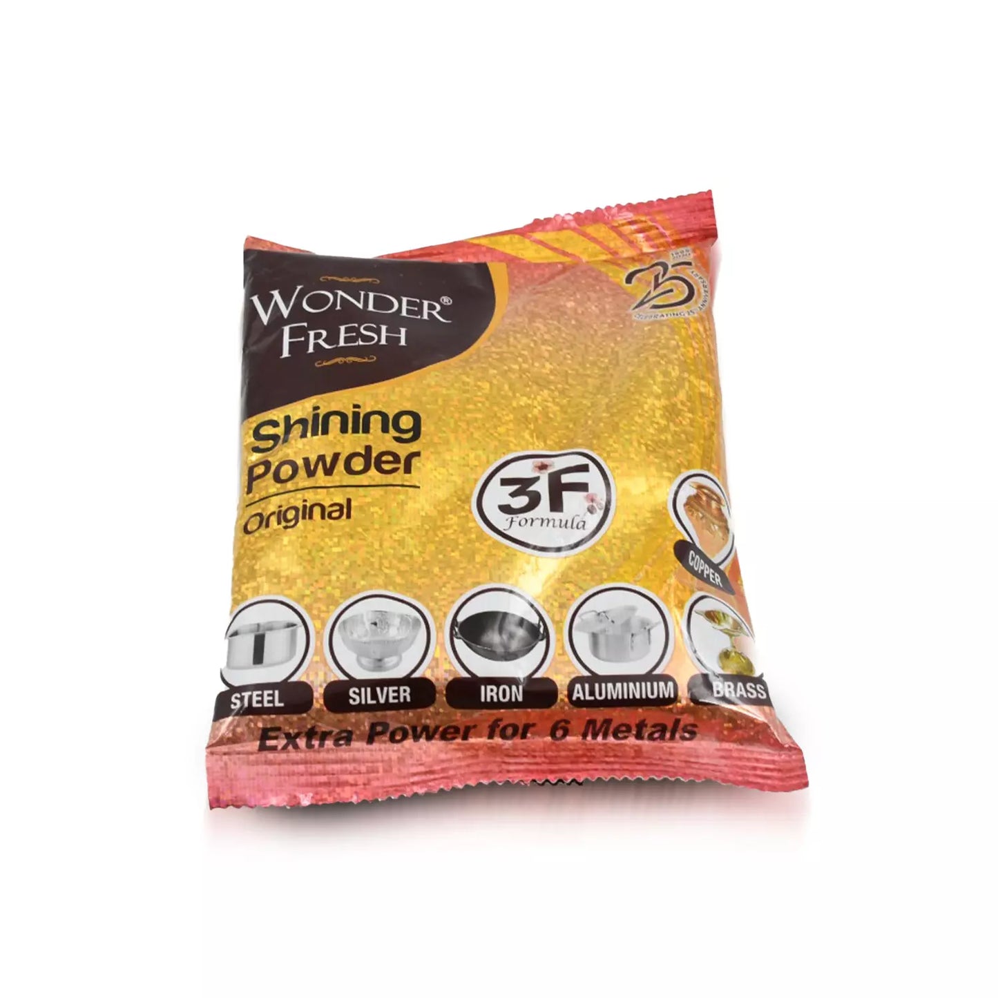 Metal polish powder sachet in yellow foil packet with metal type icons