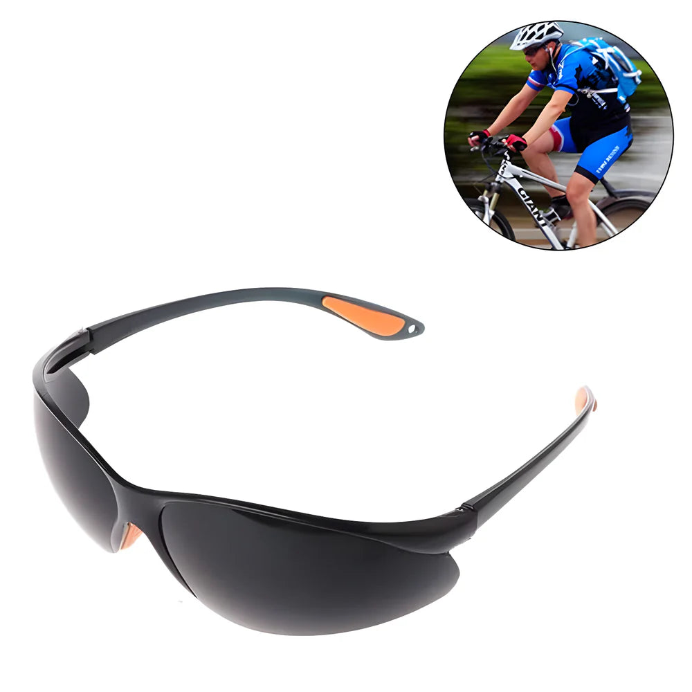 Protective safety goggles with black frame and orange temples