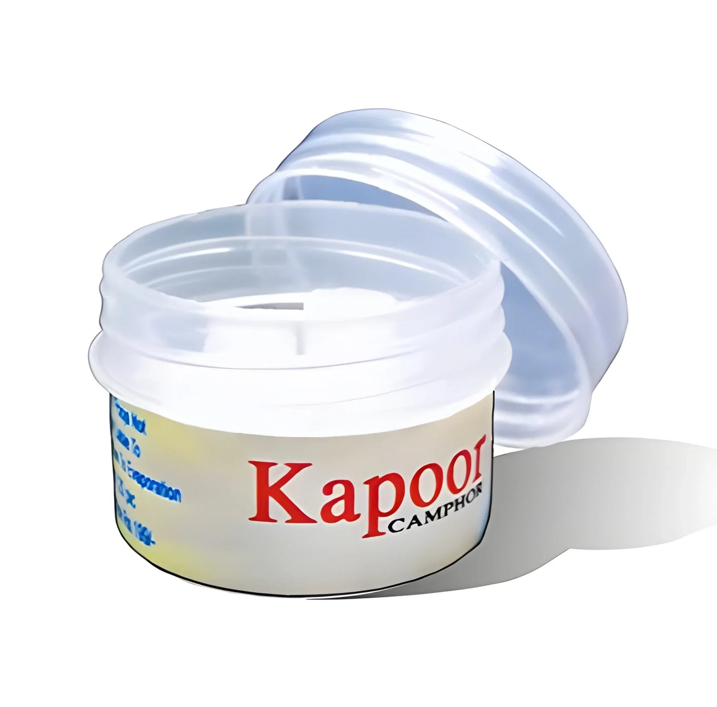 Camphor Kapoor tablets tub with open lid, red and blue label text