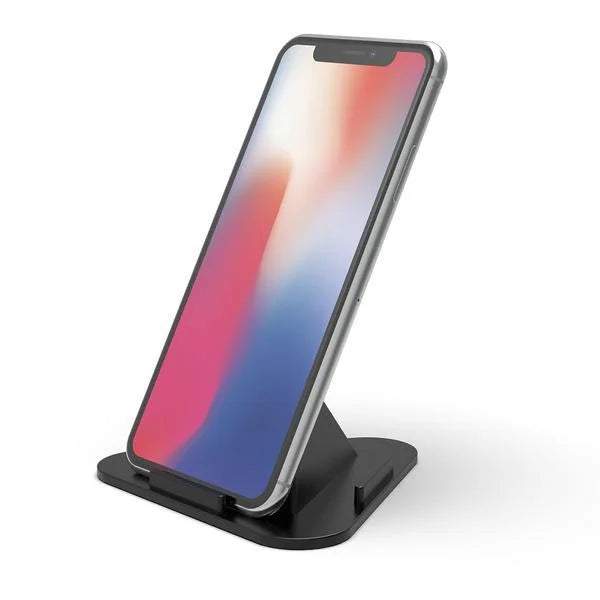Black mobile stand with slanted base holding a smartphone