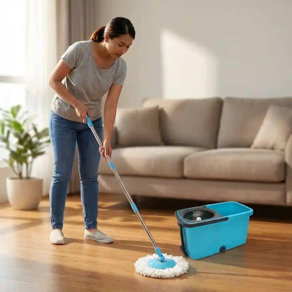 Quick Spin mop and blue bucket with wringer basket, white mop head on floor