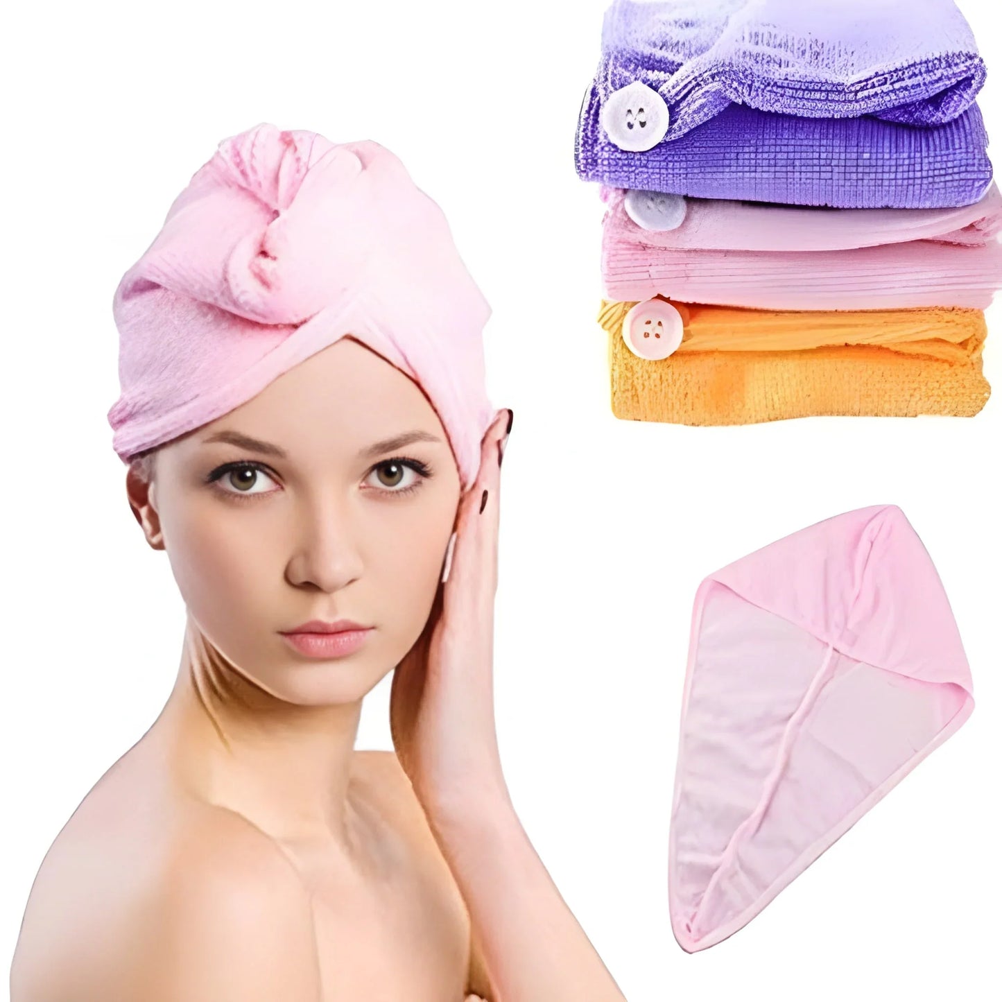 Pink microfiber hair-drying turban cap with button fastening