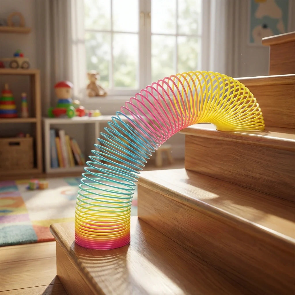 Rainbow spring toy with multicolor coiled spring, curved on tabletop