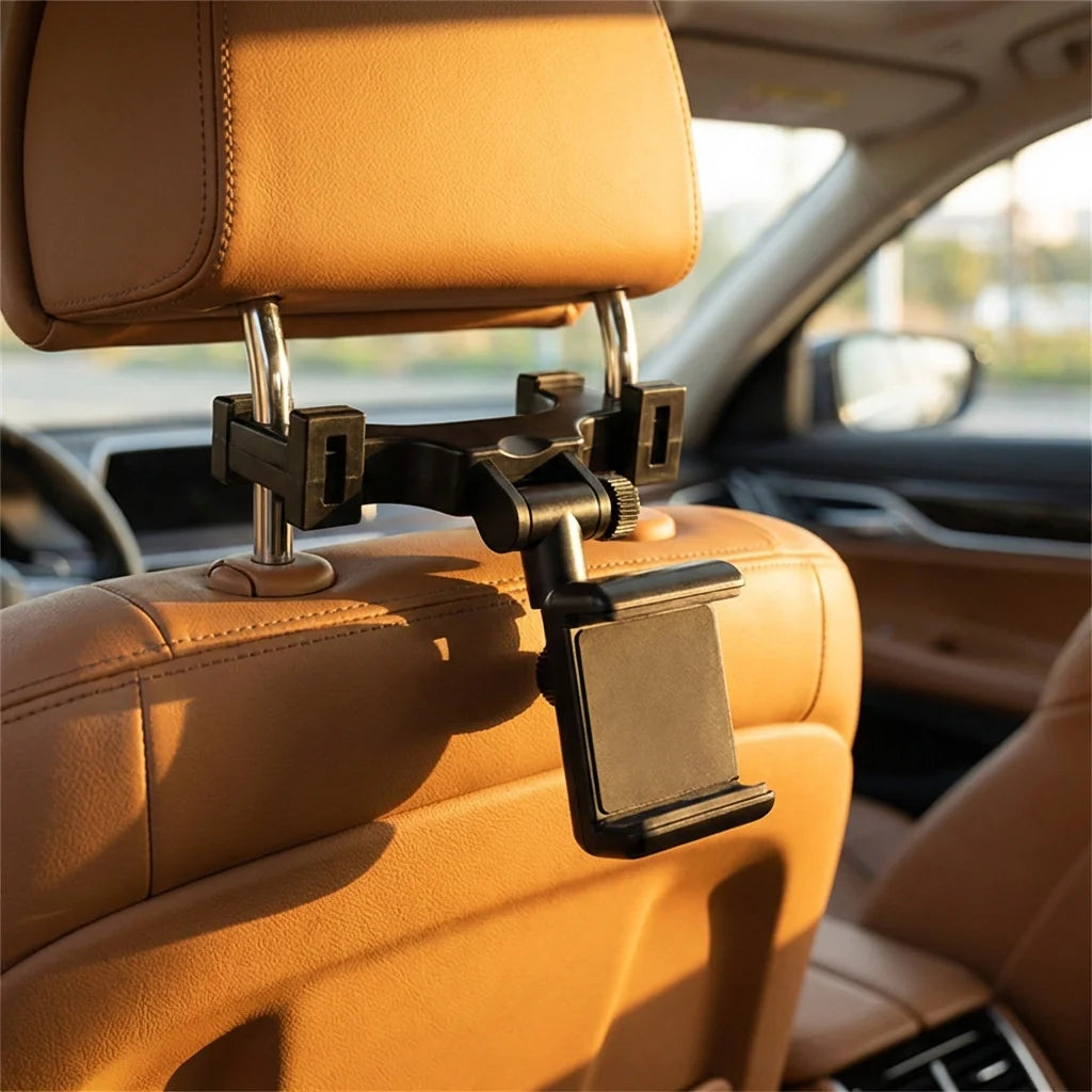 Car headrest rear view mobile holder with adjustable clamp on tan seat
