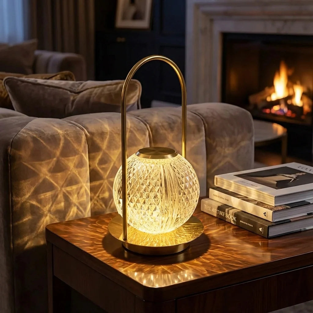 Rechargeable touch table lamp with textured glass globe shade and curved metal handle base
