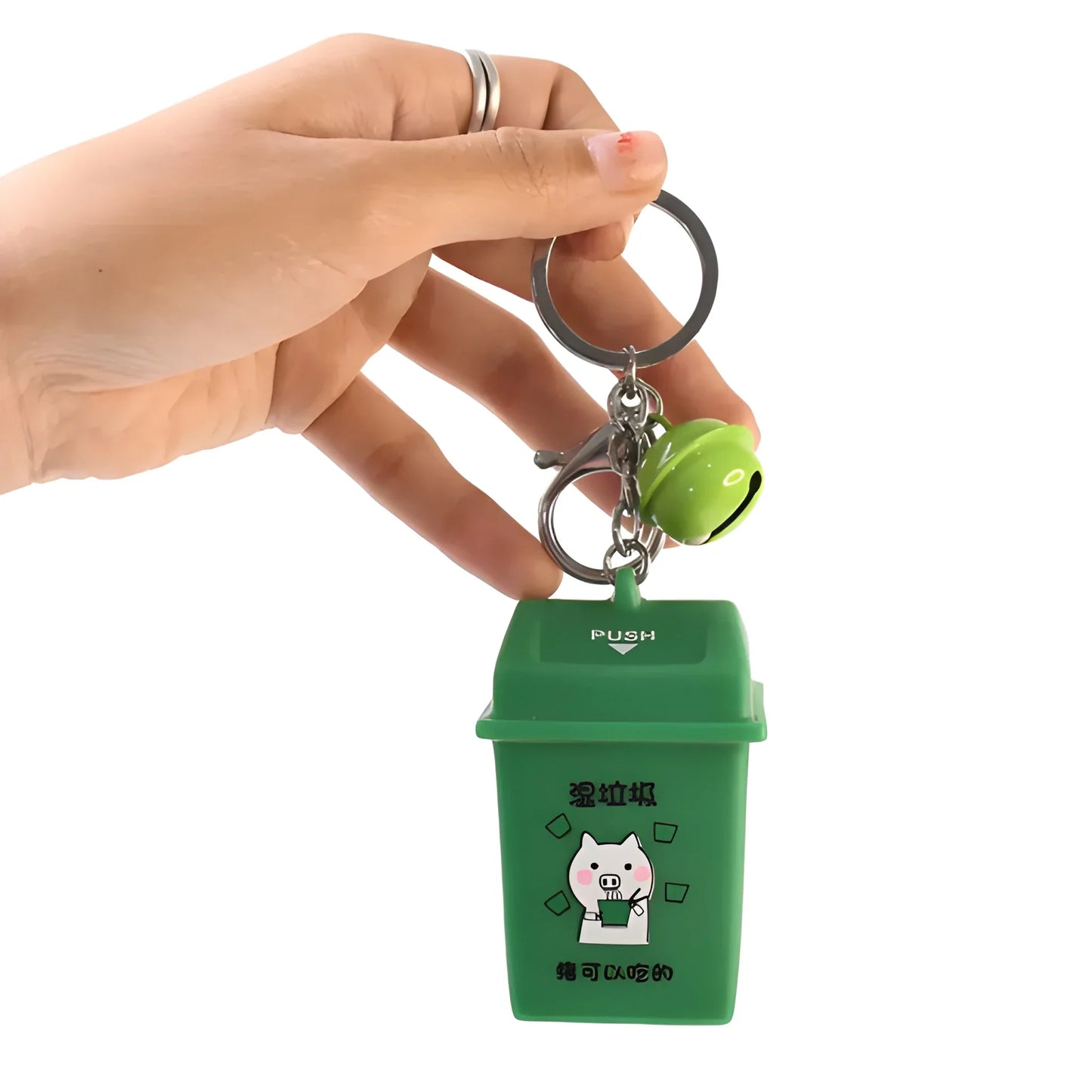 Green recycling bin keychain with cat icon, metal ring and push button top