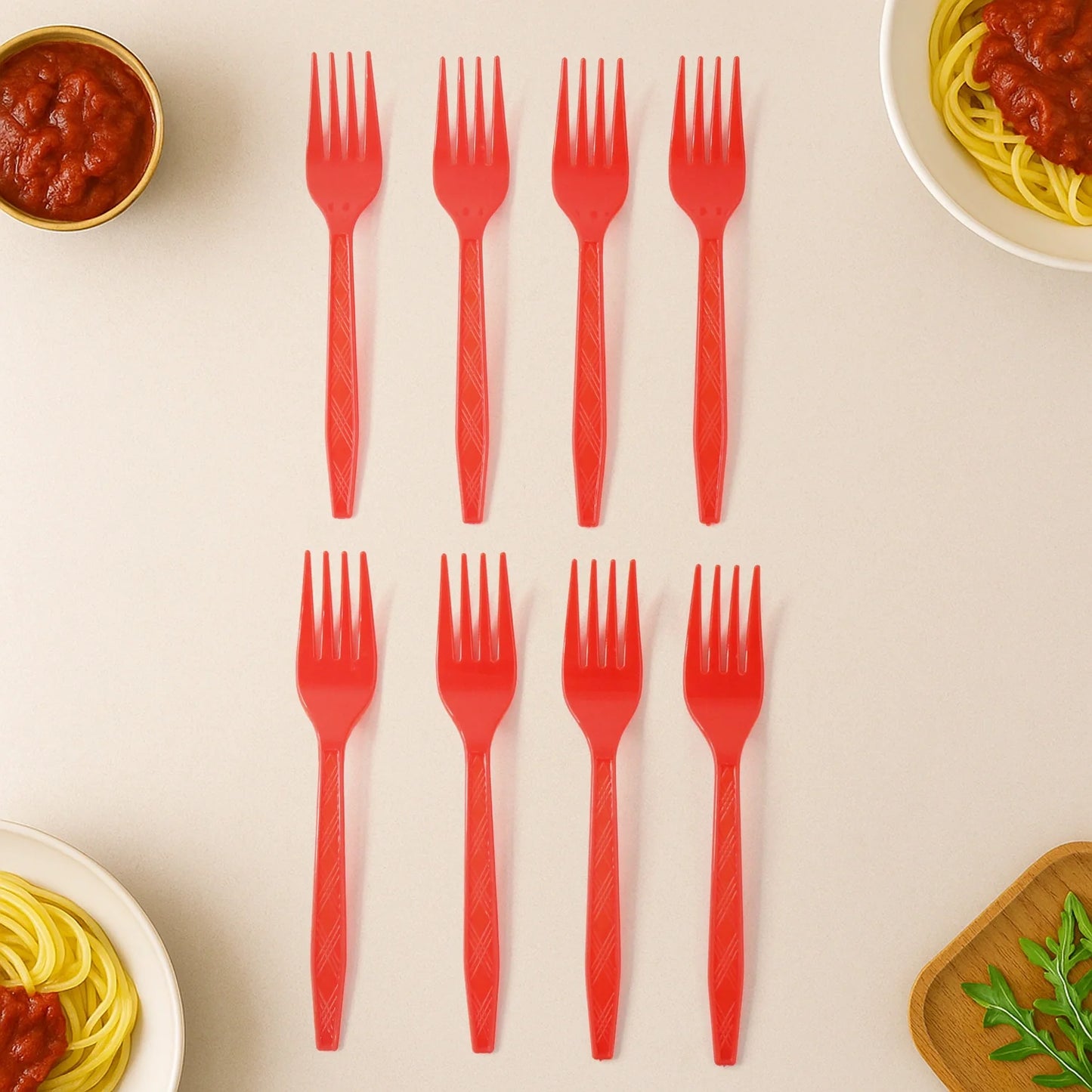 Set of red plastic forks, multiple on display
