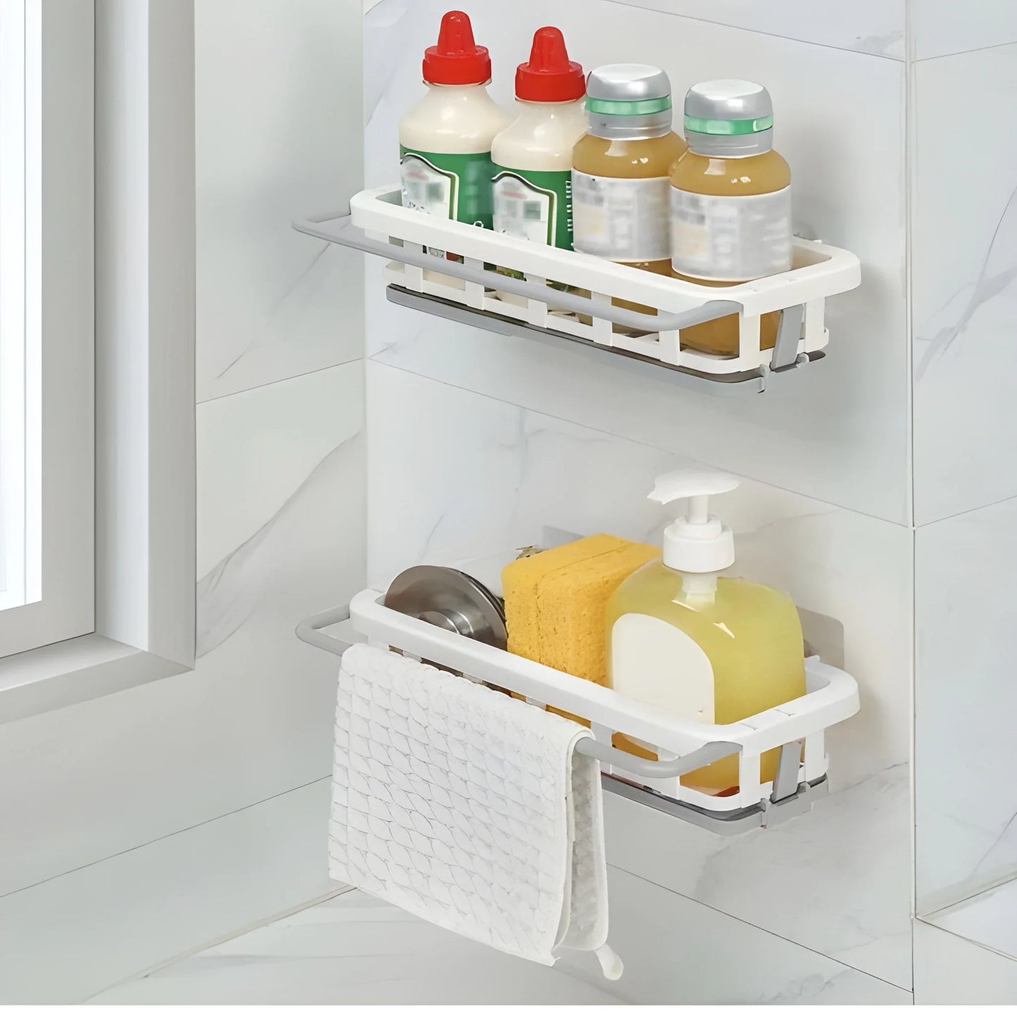 Retractable white sink organizer rack with two pull-out shelves and side hooks