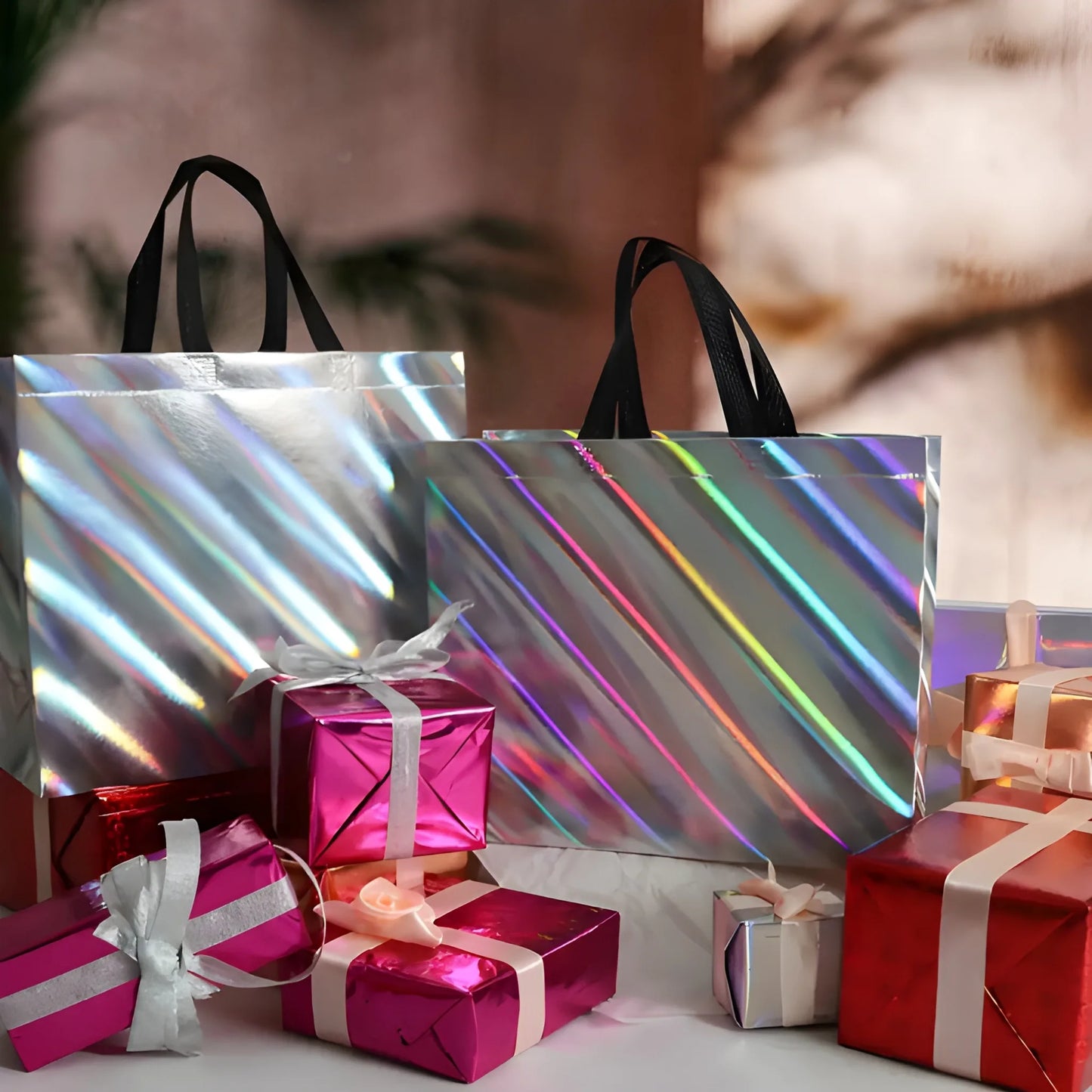 Holographic metallic reusable gift bag with black handles
