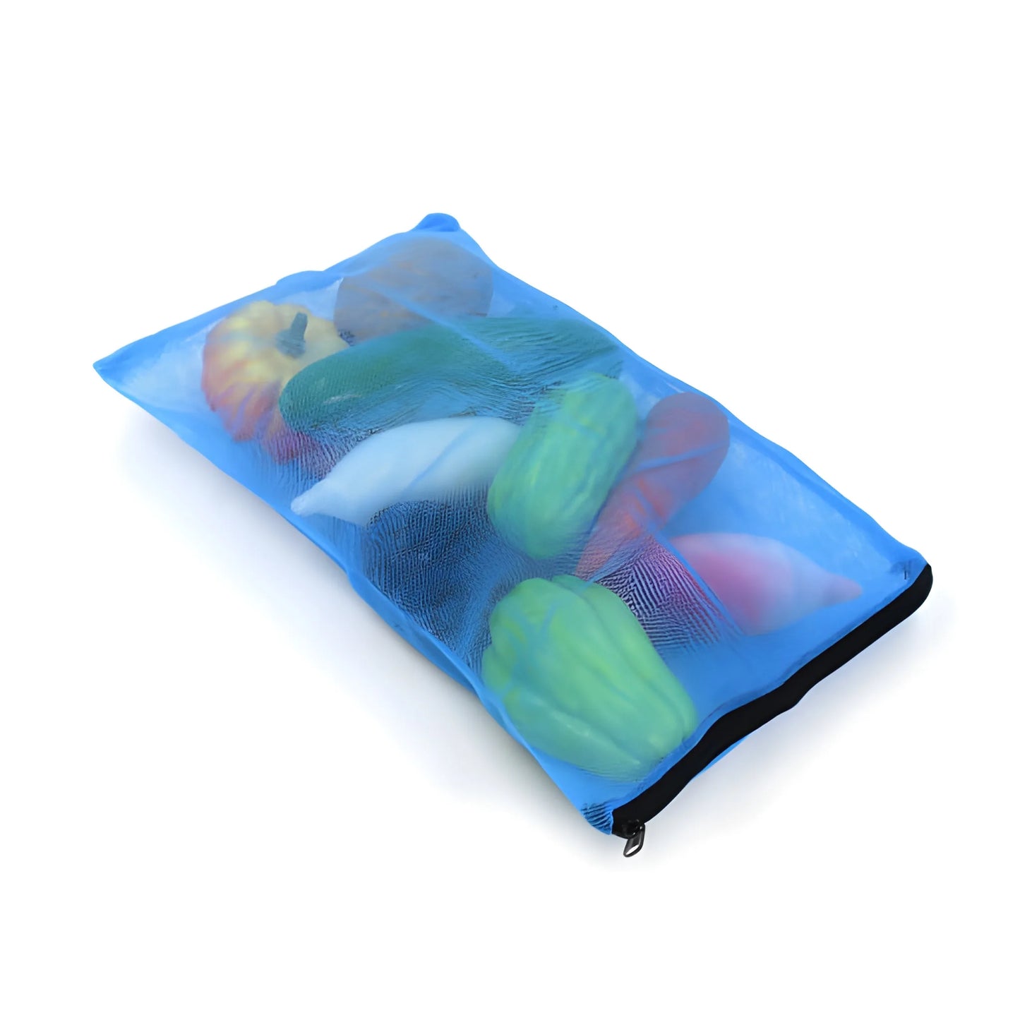 Blue mesh reusable fridge food cover with elastic edge and zipper closure