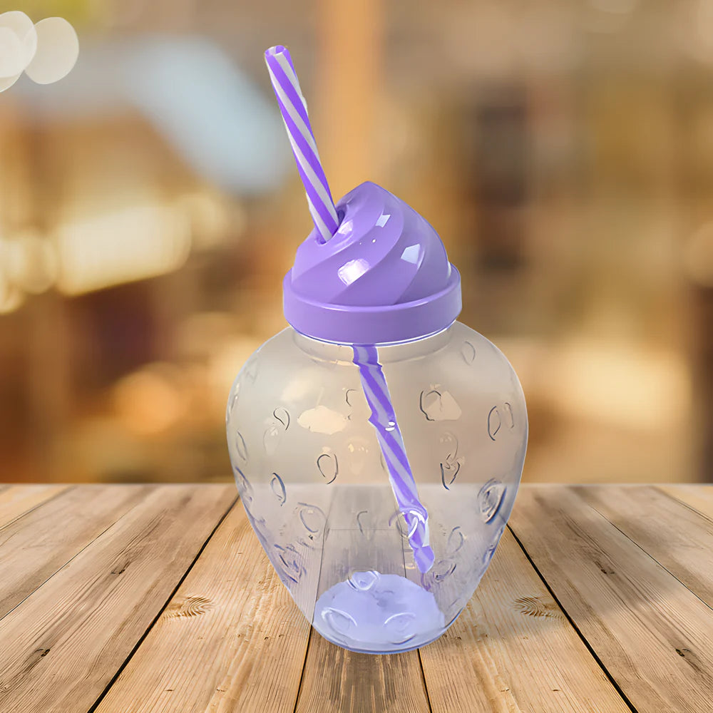 Reusable plastic cup with purple lid and straw, clear body with pattern