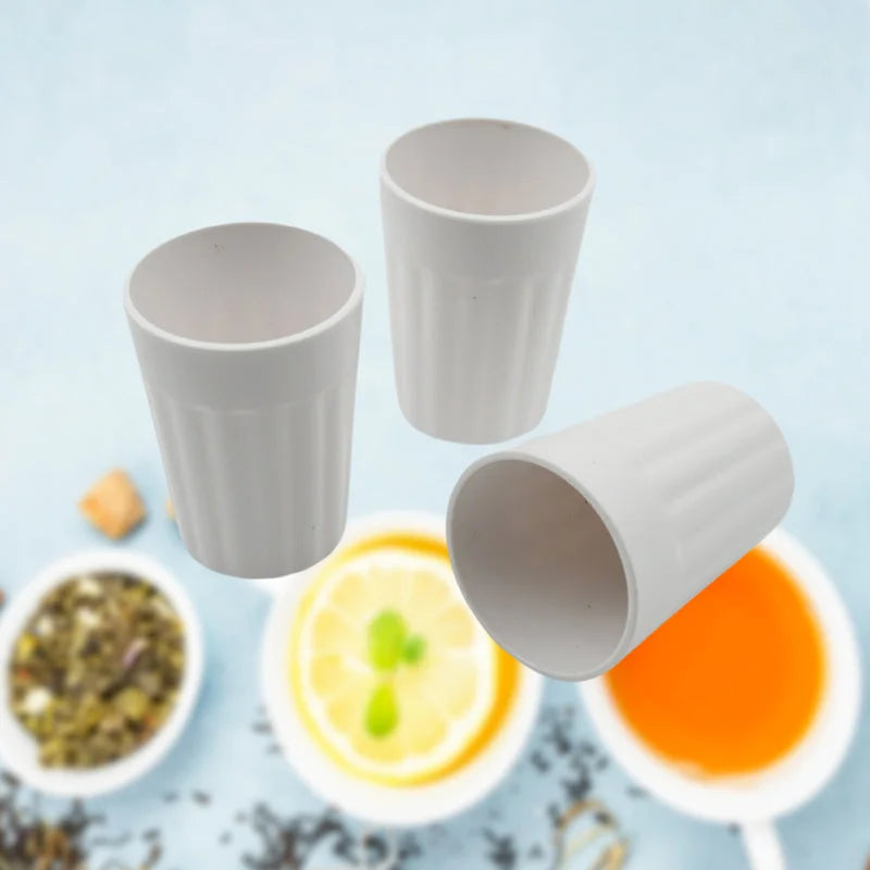 Set of white plastic tea mugs, 3 cups with open rims