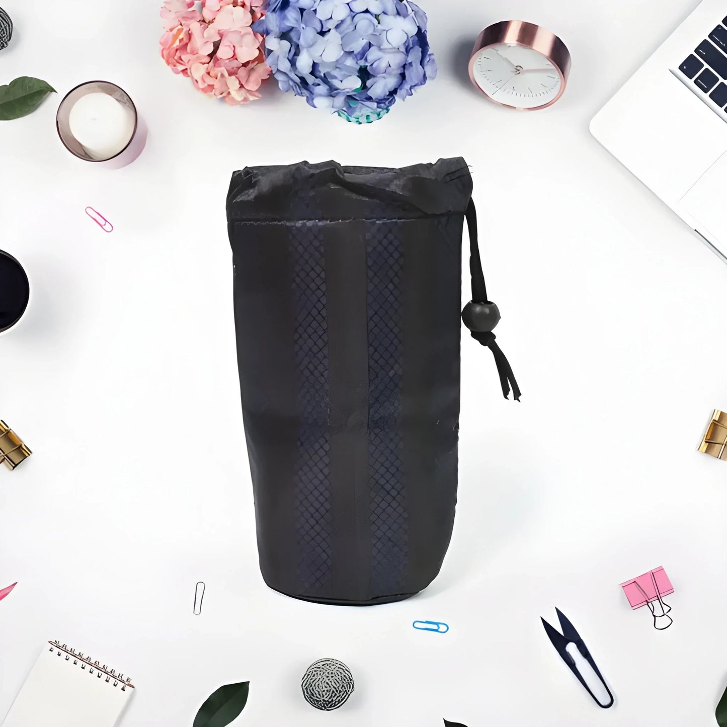 Black rope organizer pouch with drawstring closure