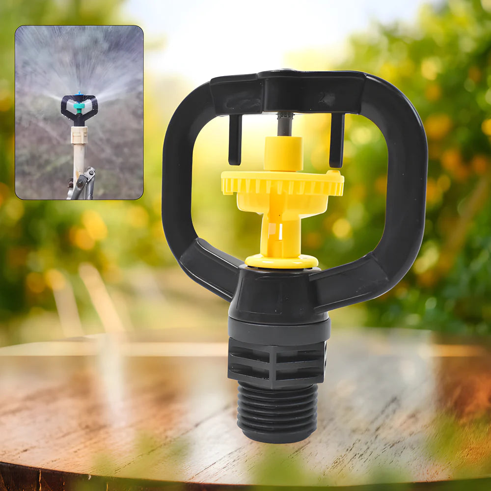 Rotating garden spray sprinkler with black body and yellow rotating nozzle