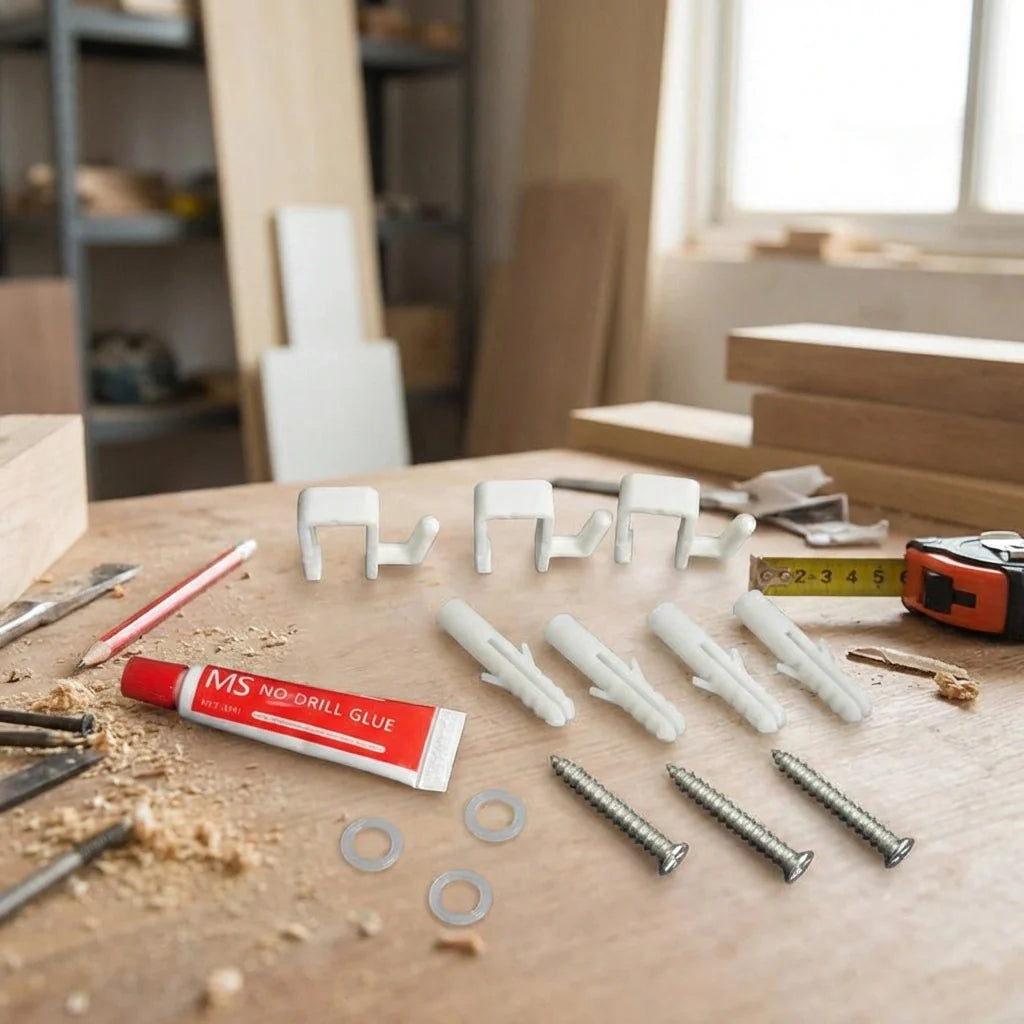 Rotating storage shelf hardware and brackets on work surface