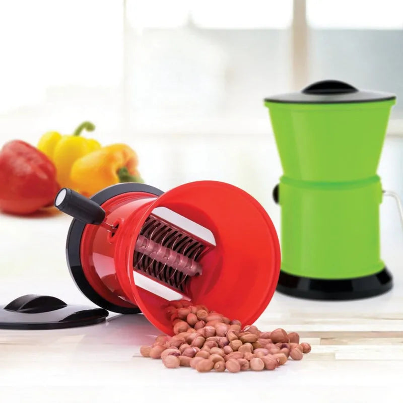 Round chili cutter and grinder with red cylinder, black handle, and green base.
