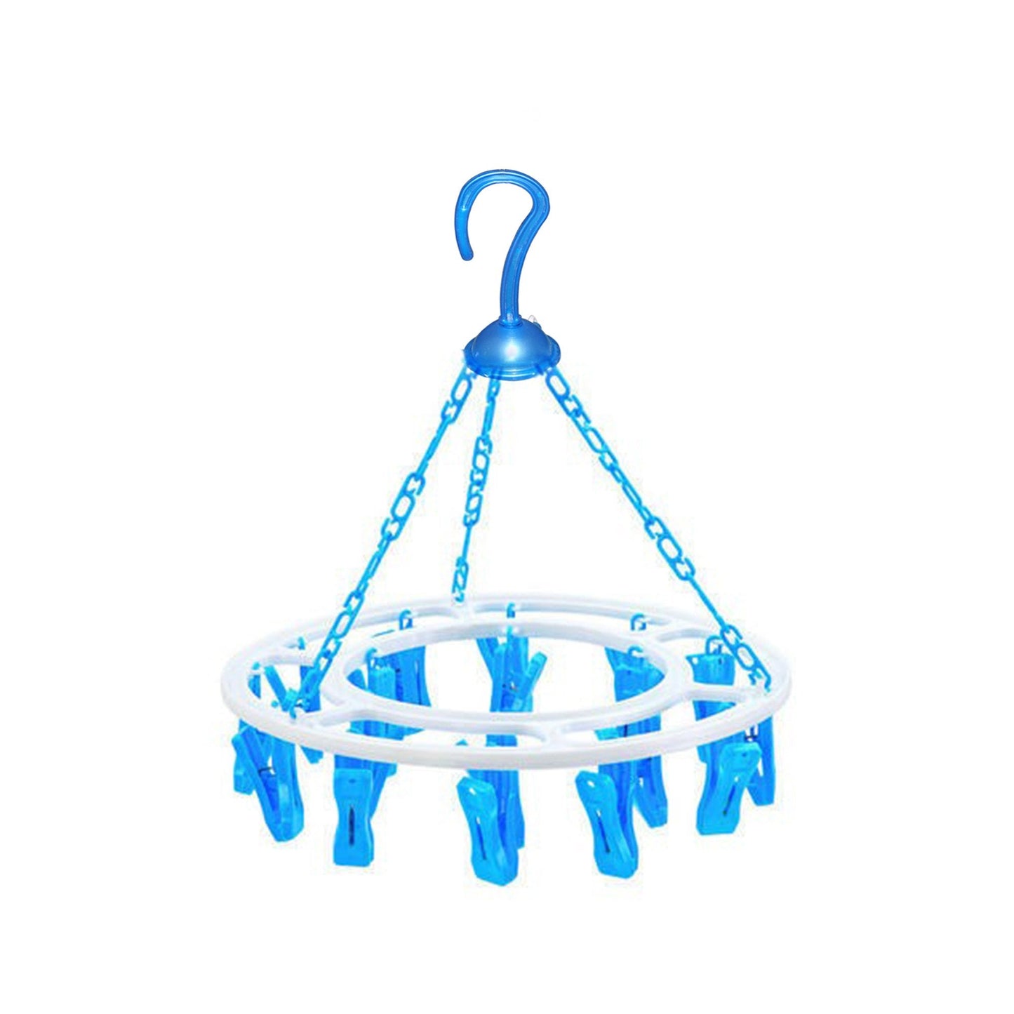 Round cloth drying hanger with blue clips and circular ring