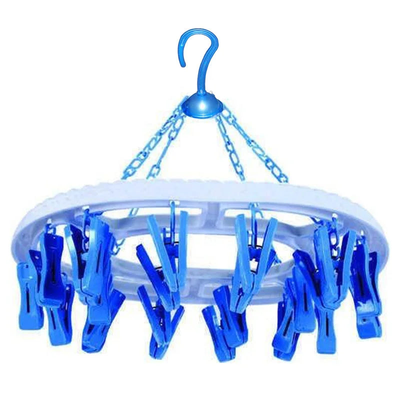 Round cloth drying hanger with multiple blue plastic clips and hanging hook
