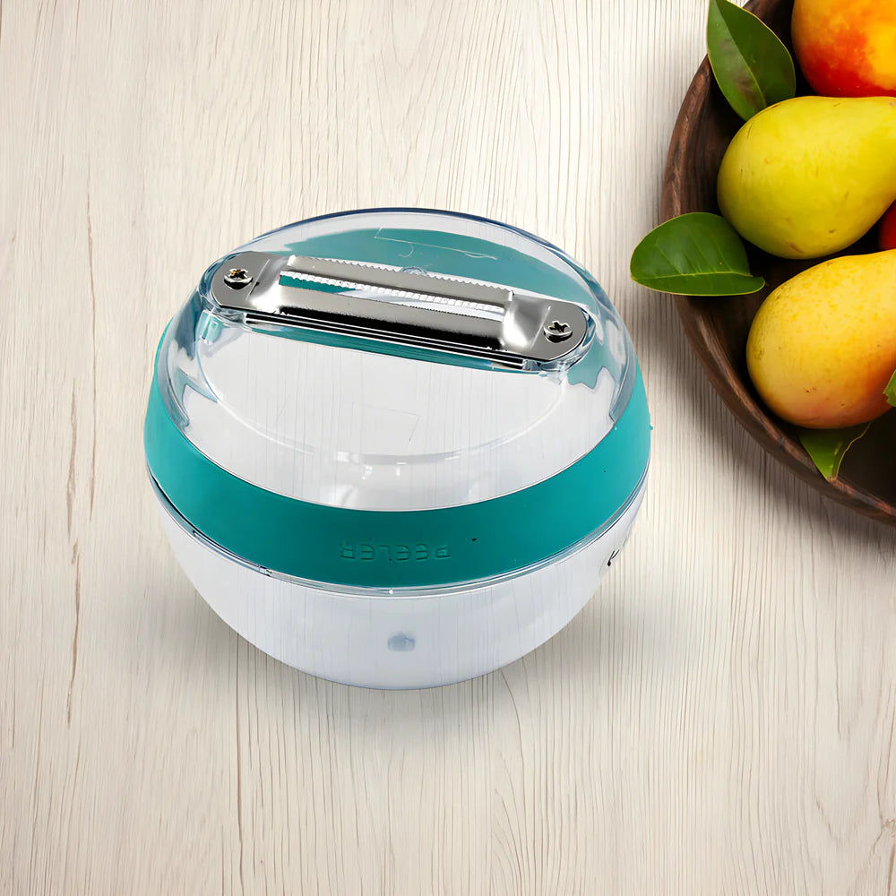 Round peeler container with teal lid and chrome blade