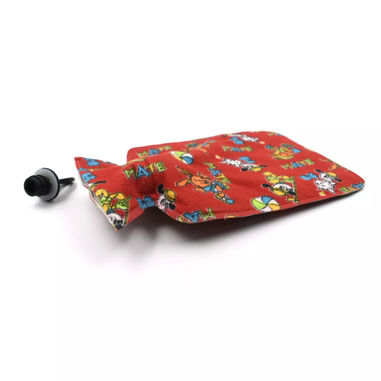 Red cartoon rubber hot water bag with black screw cap
