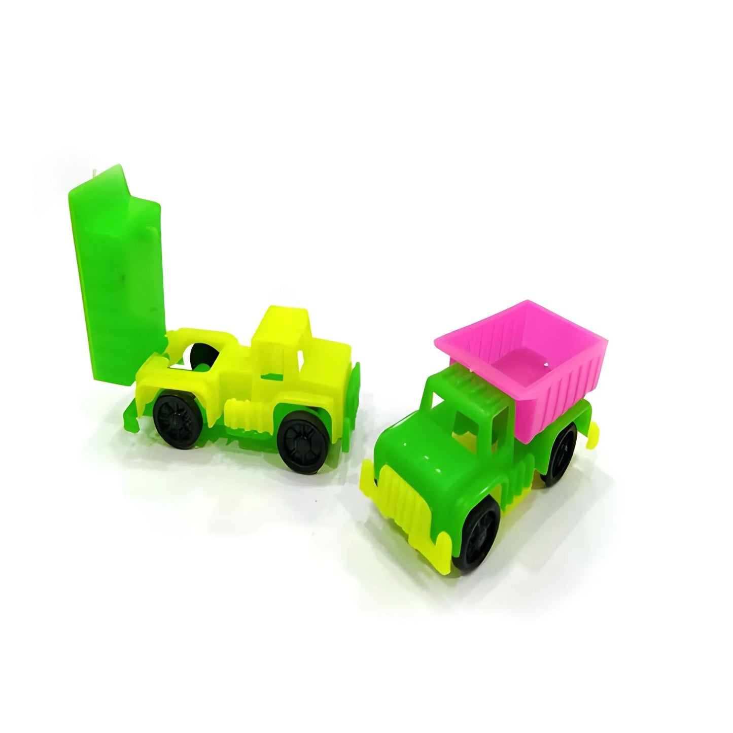 Rugged dump truck toy set: lime green trucks with raised dump beds, one green and one pink