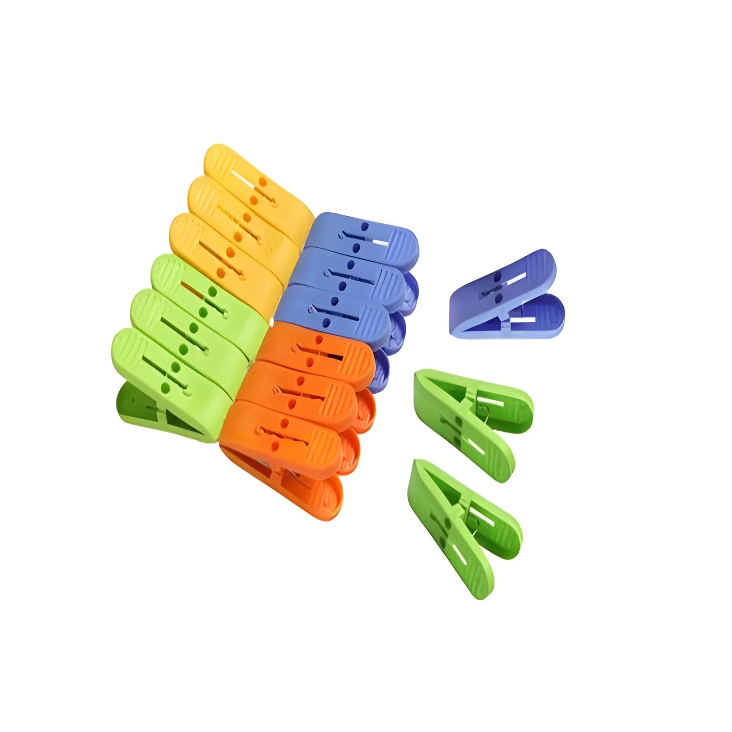 Assorted plastic laundry clips in orange blue green, spring hinged, multiple pieces