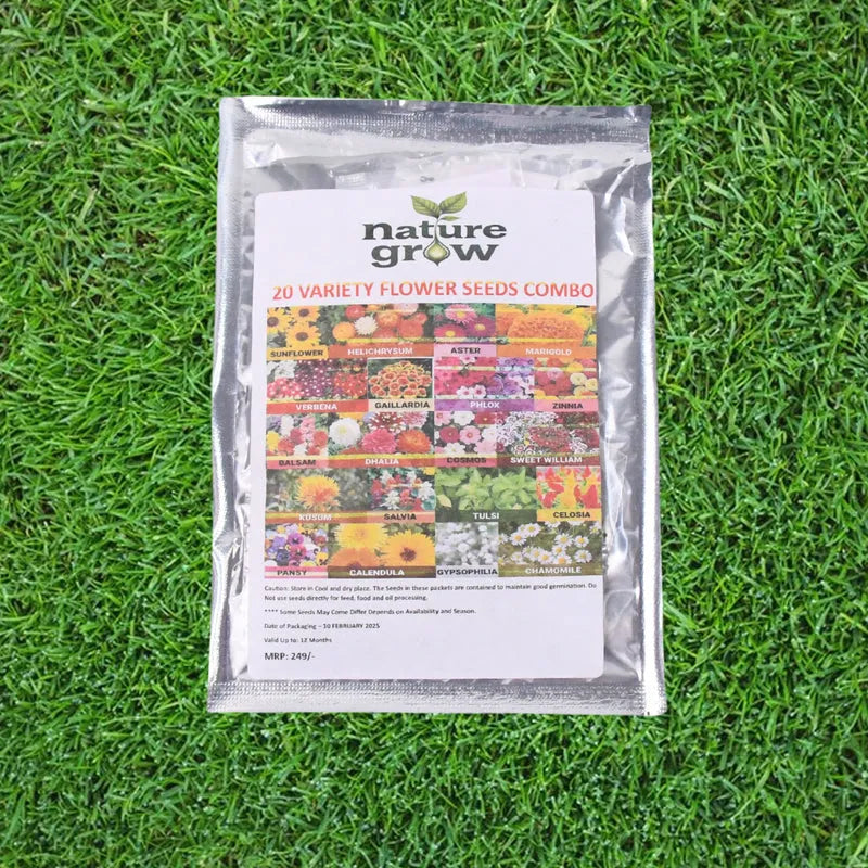 Flower seed variety combo packet with printed label in clear plastic