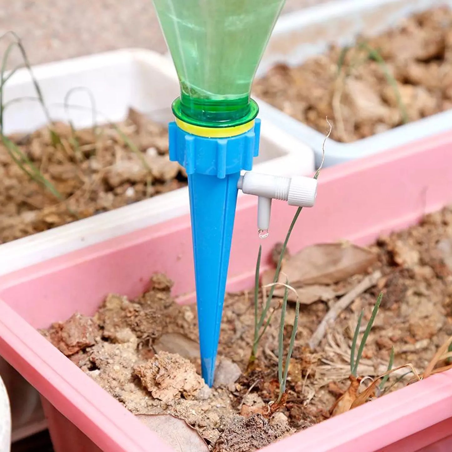 Self-watering plant spike with blue body, clear funnel, and adjustable drip valve