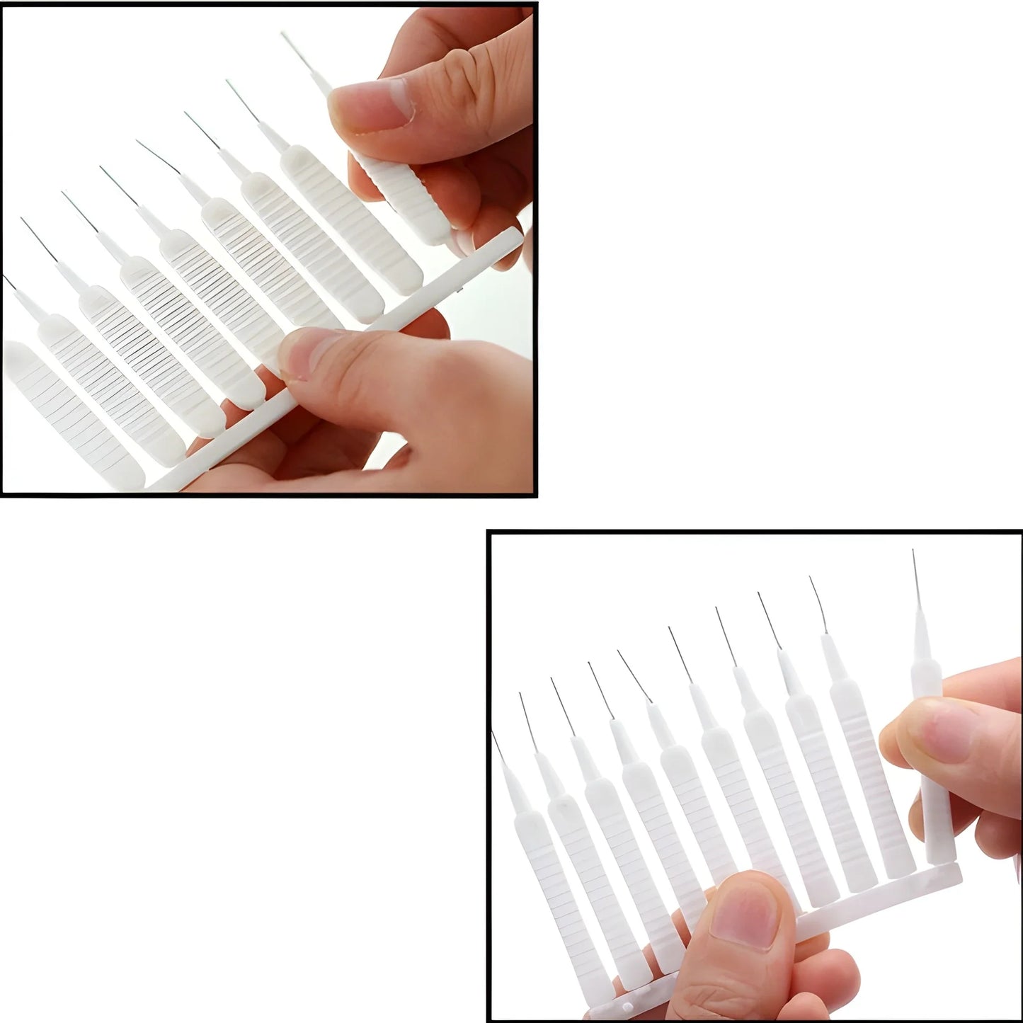 Shower head cleaning brush with white bristle tips on a flexible plastic base