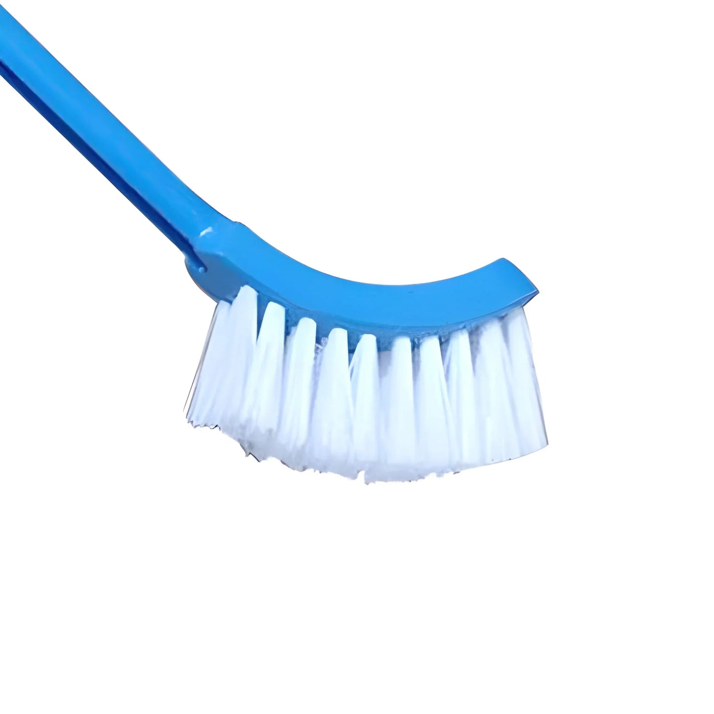 Toilet cleaning brush head with white bristles on blue plastic handle