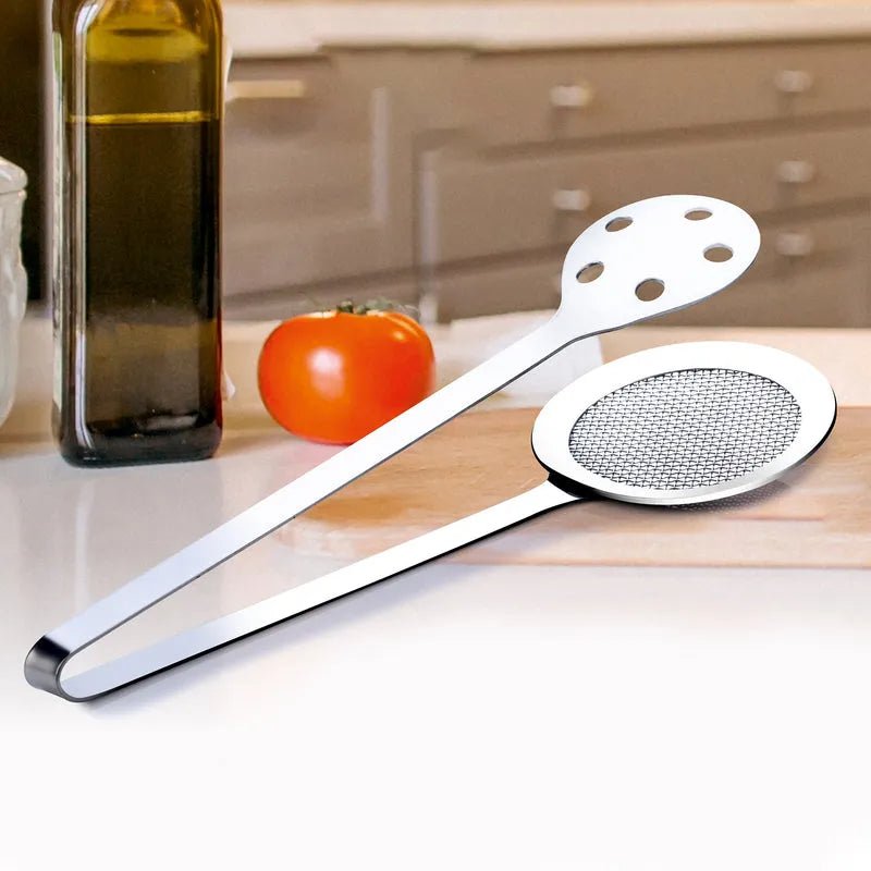 Skimmer serving tong with perforated round skimmer head and long handle