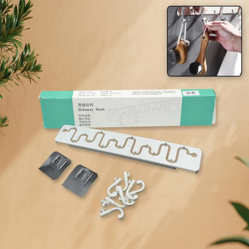 Slideway adjustable hook set with multiple metal hooks and mounting clips