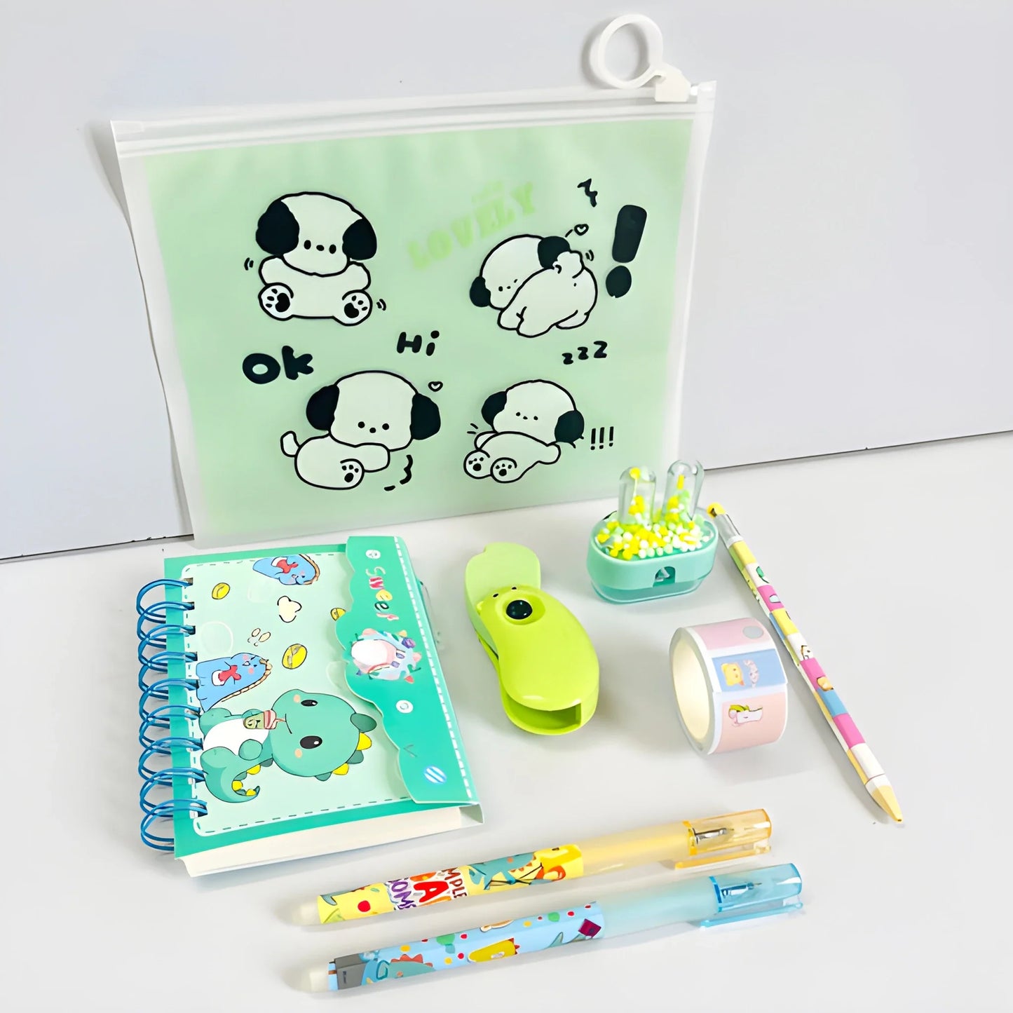 Slim zippered organizer pouch, mint green with cute panda character print