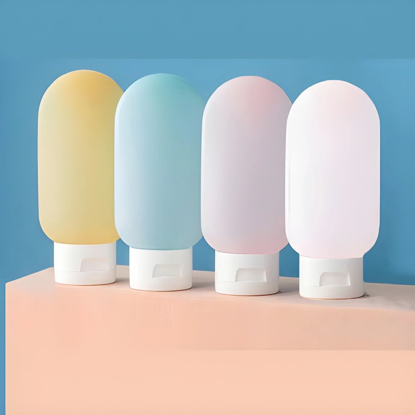 Set of four pastel travel bottles with white caps