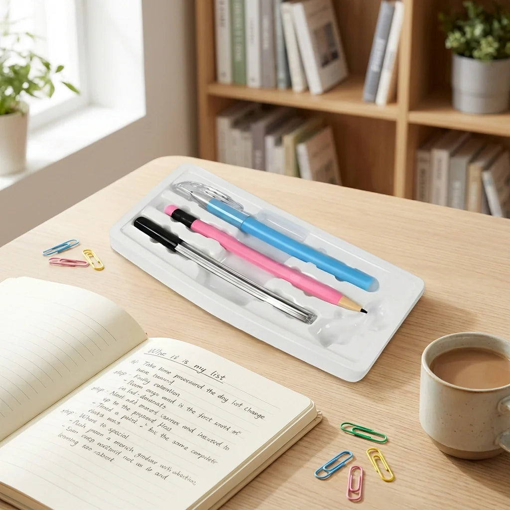 Smart mechanical pencil set with pink, blue, and black pencils in plastic tray