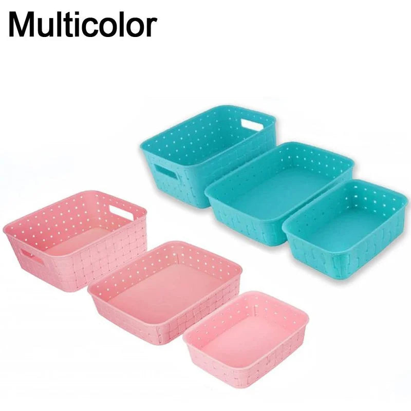 Multicolor storage basket set with pink and blue perforated plastic bins