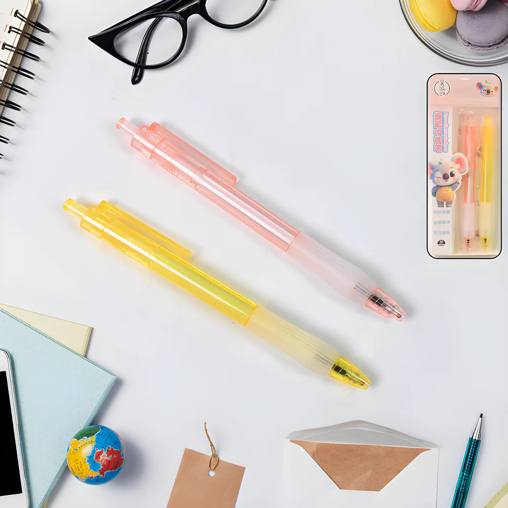 Ball pen set with pink and yellow translucent barrels, in blister pack